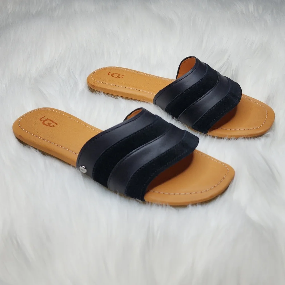 UGG Ximena Slip On Slide Sandals Black Leather